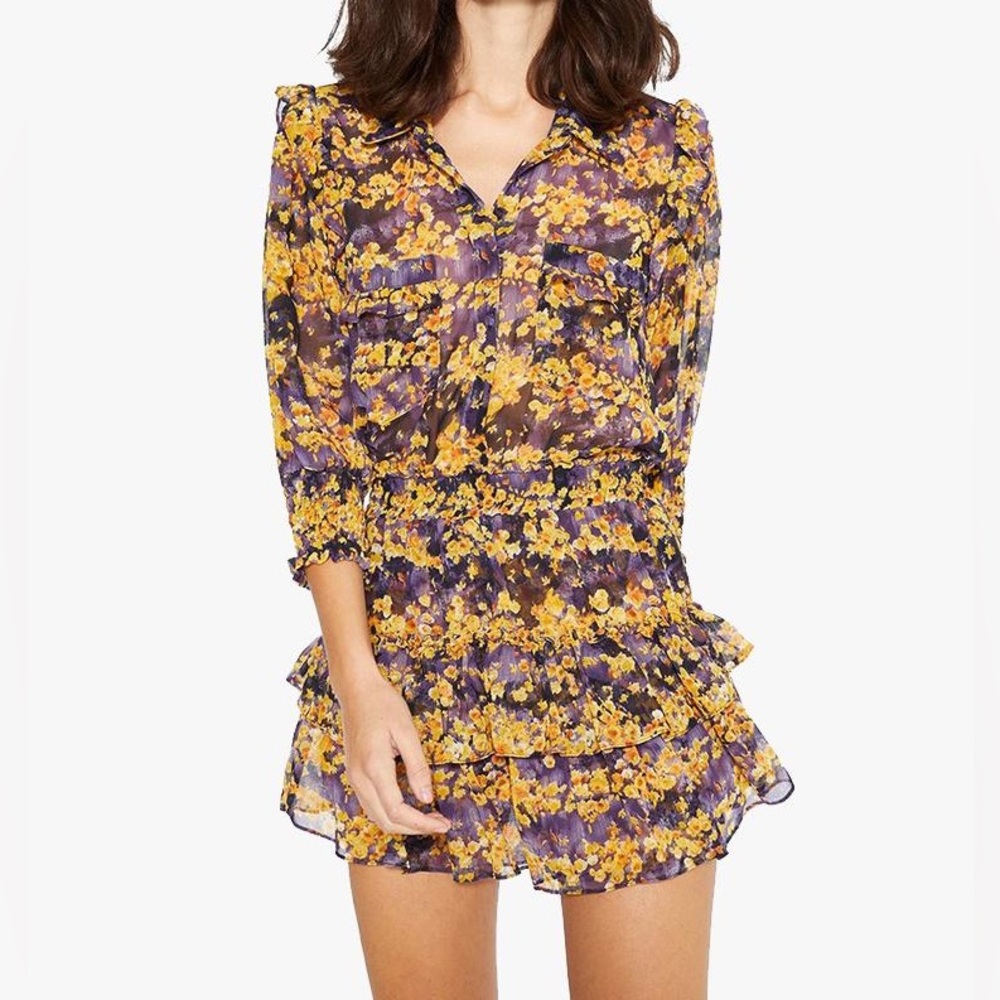 MISA LOS ANGELES Riona Mini Dress In Yellow Ruffles Floral Print Large